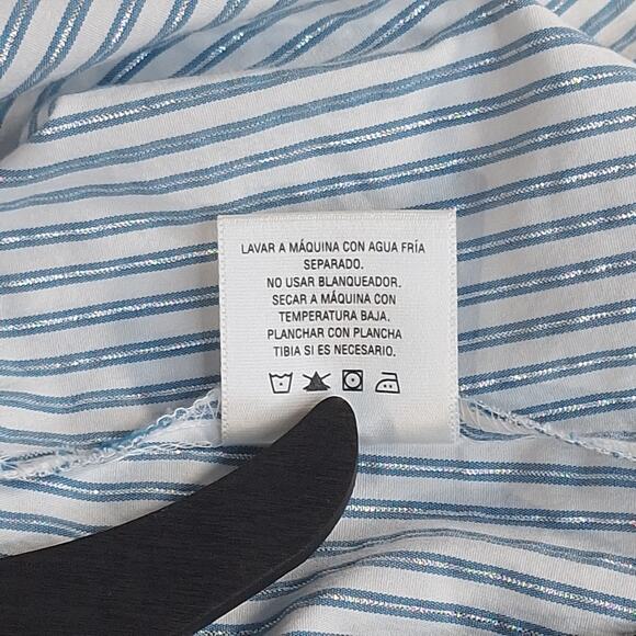 Covington Womens L Blue White Stripe 3/4 Sleeve Button Down Shirt Office Preppy - Picture 13 of 15